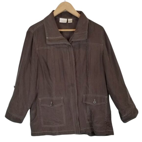 Zenergy by Chico's 100% Silk Lightweight Zip Front Jacket Brown Size Large - Picture 1 of 7